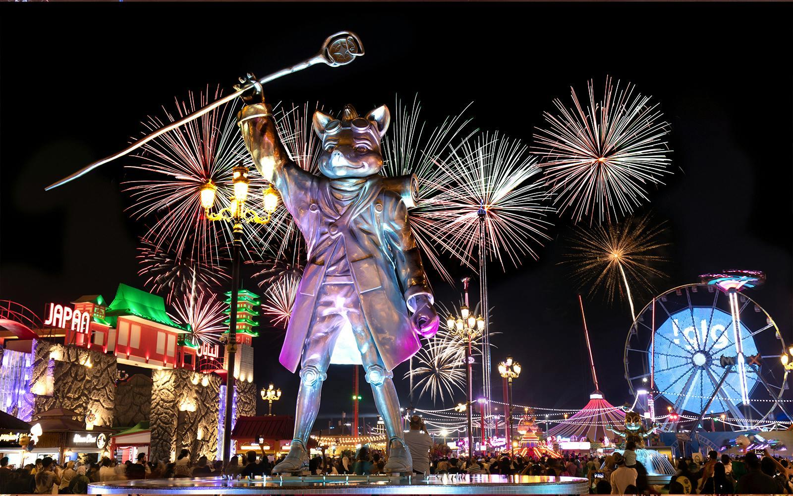 Fireworks over Global Village Dubai with large statue and Ferris wheel. Fireworks over Global Village Dubai with large statue and Ferris wheel.